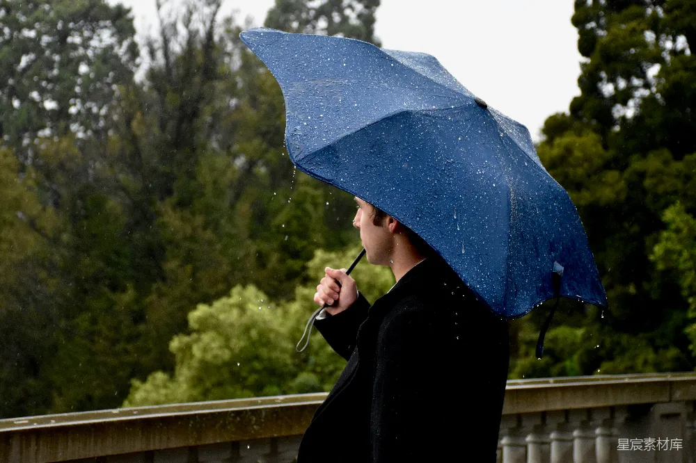 高清摄影 雨天 雨伞 自然 户外 孤独 雨中漫步的蓝色雨伞