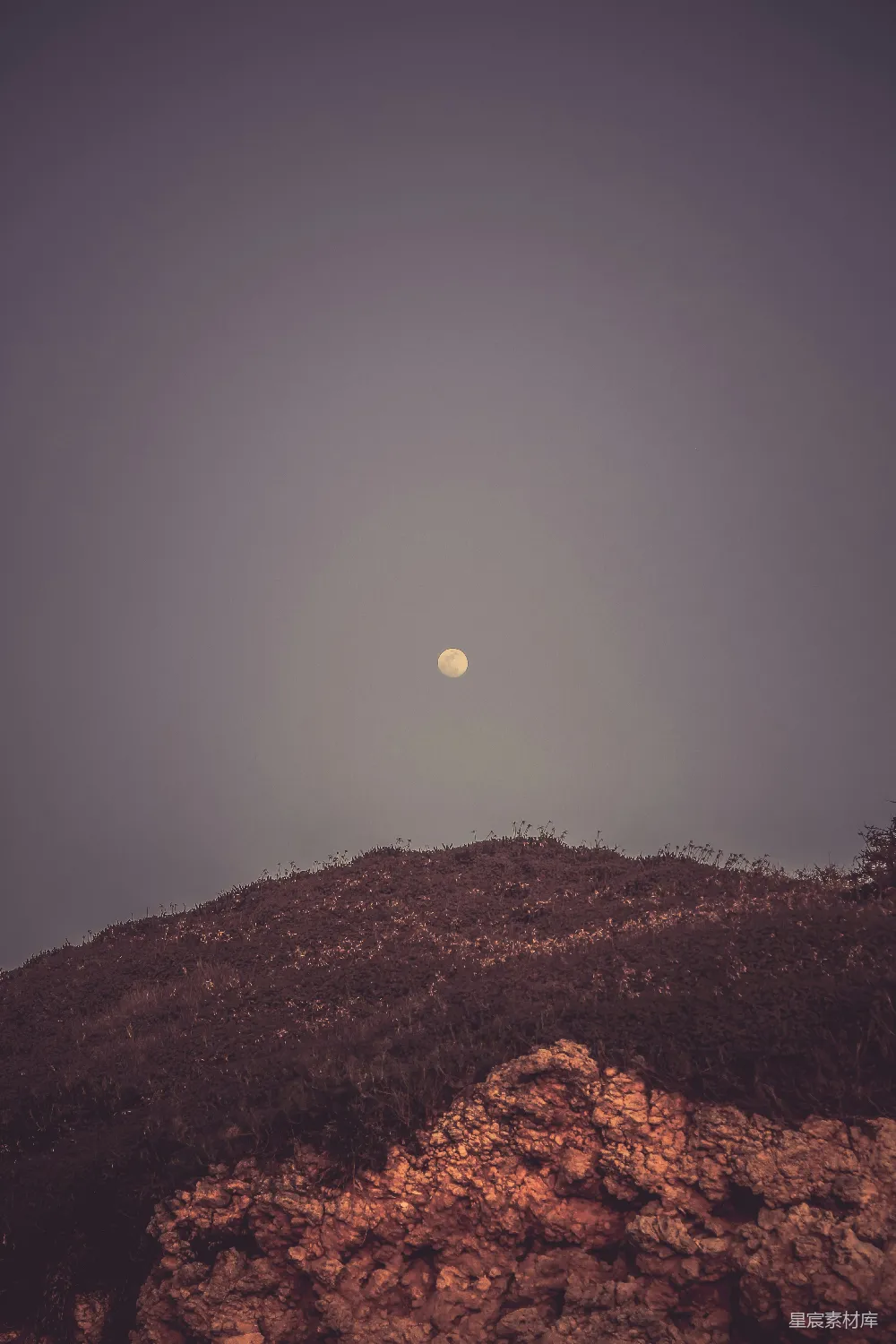 这张图片展示了夜晚时分，一轮明月悬挂在山顶之上，月光洒在岩石和植被上，营造出一种宁静而神秘的氛围。天空呈现出淡淡的灰色调，与月光形成了鲜明的对比，给人一种深邃和宁静的感觉。适合用于表现自然之美、宁静时刻或神秘氛围的主题。