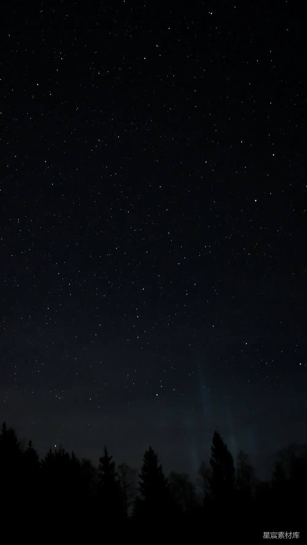 这张图片展示了宁静的夜空下，稀疏的星星点缀其间，下方是连绵的森林剪影。天空中，一抹淡蓝色的北极光在夜幕中缓缓移动，营造出一种梦幻而神秘的氛围。这种场景非常适合用作手机壁纸，或者作为自然风光的背景。