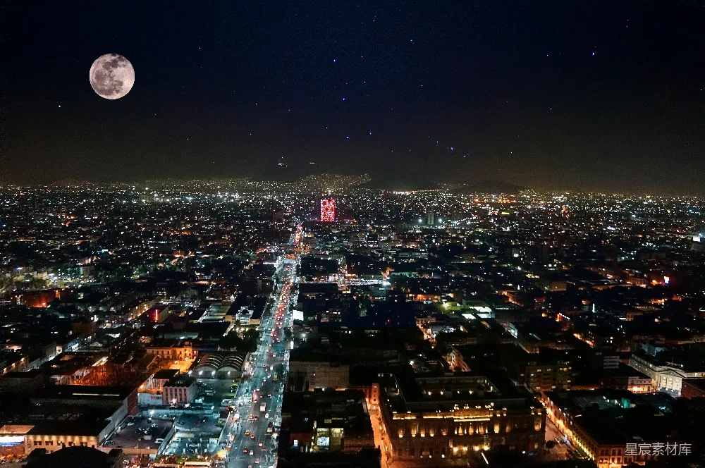 高清摄影 城市夜景 满月 城市风光 夜间摄影 都市生活 夜幕下的城市与满月