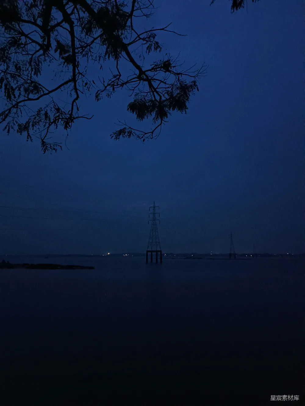 高清摄影 夜晚 湖畔 树木 电线塔 宁静 夜幕下的湖边景象