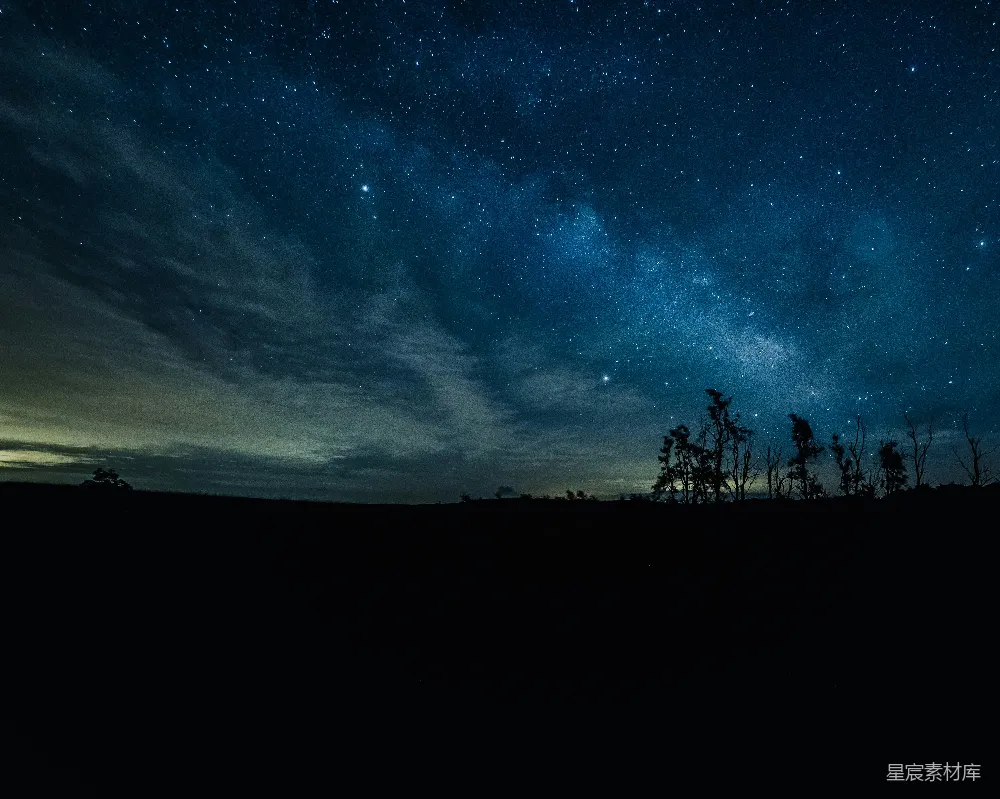 这张图片展示了一个宁静的夜晚，天空中布满了星星和银河，地平线处的树木剪影勾勒出一种宁静的氛围。这张图片适合用作自然风光、宇宙探索或宁静心灵的背景。