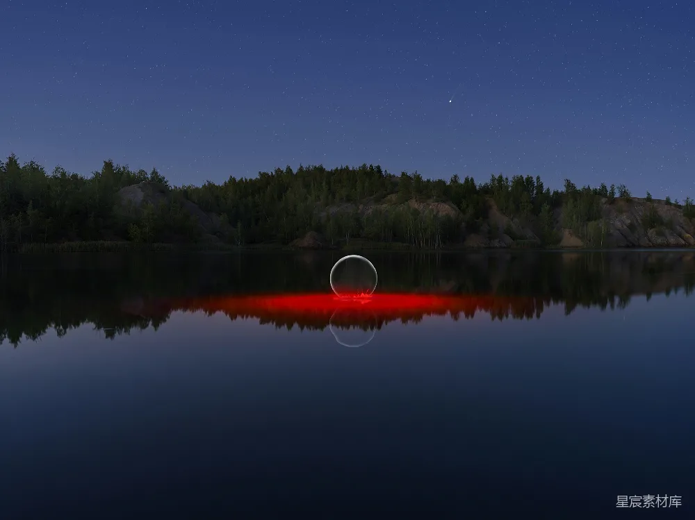 高清摄影 夜景 湖面倒影 红色光效 透明球 自然风光 夜湖中的红光与透明球