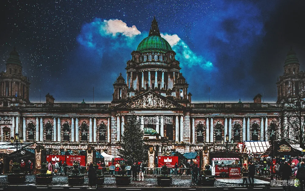 高清摄影 都柏林 市政厅 圣诞市场 夜晚 节日 夜晚的都柏林市政厅与圣诞市场