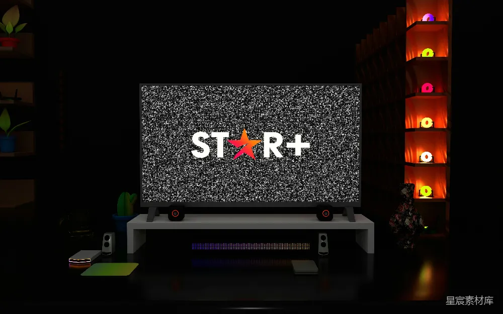 图片展示了一台显示着STAR+标志的电视，背景是黑暗的房间，电视下方的音响发出彩色的光芒。房间内有书架、植物和装饰物，营造出一种现代而安静的室内娱乐氛围。