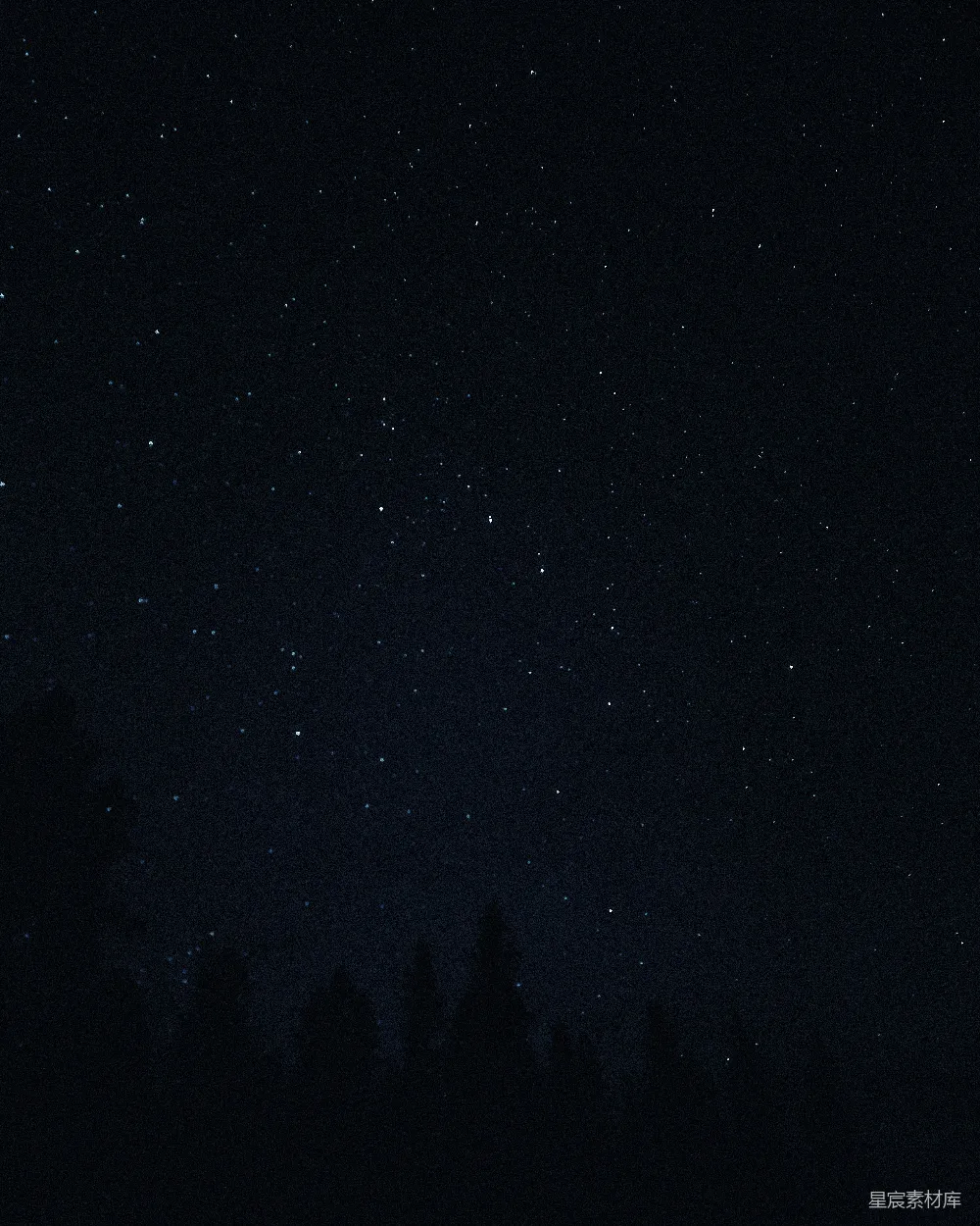 这张图片展示了一个宁静的夜空场景，星星点点，点缀在深邃的黑色背景中，底部隐约可见树木的轮廓，营造出一种静谧而悠远的氛围。适合用于自然风光、宁静氛围或夜景摄影的背景素材。