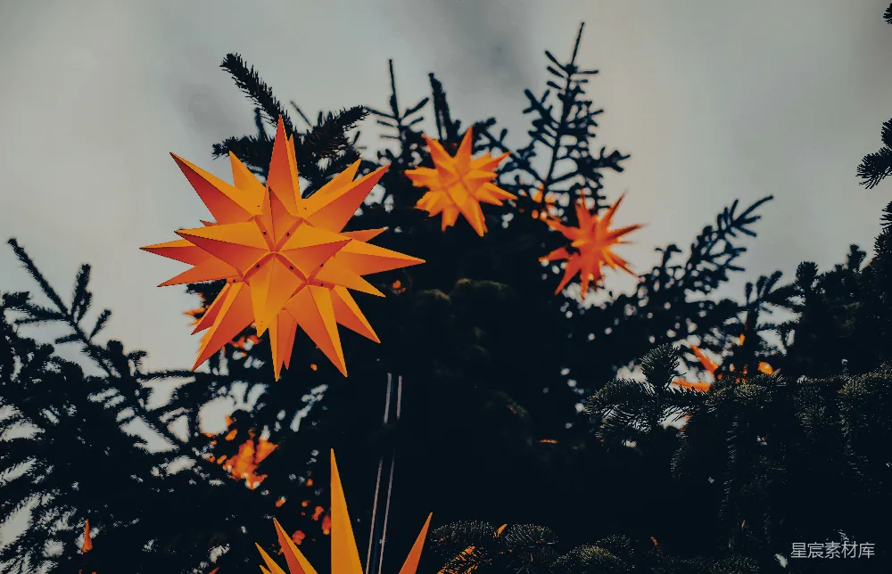 高清摄影 圣诞装饰 节日氛围 树形背景 节日装饰 星形 圣诞树上的星形装饰