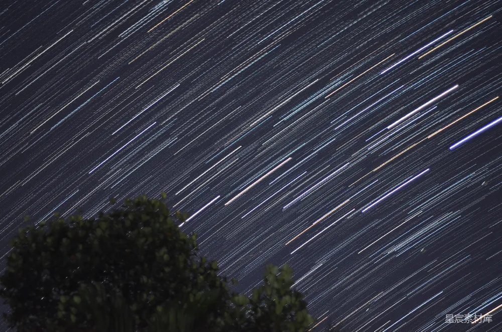 这张图片展示了夜空中流星划过天际的壮观景象，夜空中布满了五彩斑斓的流星轨迹。前景中可以看到一株树木的轮廓，为这幅天际景观增添了自然的气息。这幅图片适合用于自然风光、天文摄影或梦幻主题的背景。