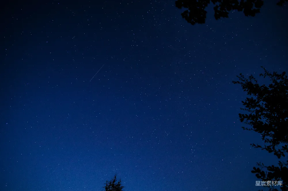 这张图片展示了夜晚星空下的美丽景象，流星划过夜空，留下一道长长的痕迹，周围点缀着无数的星星。画面左侧有树木的剪影，增加了画面的层次感和深度。适合用于表达宁静、自然和探索的主题。