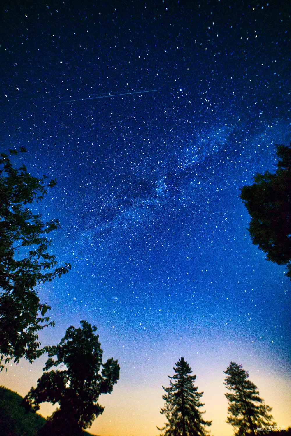 这张图片展示了夜空下的星河与流星，天空中点缀着无数的星星，仿佛银河从天际倾泻而下。地平线上的树木剪影与璀璨的星空形成鲜明对比，营造出一种宁静而神秘的氛围，适合用作自然风光或夜景的背景素材。