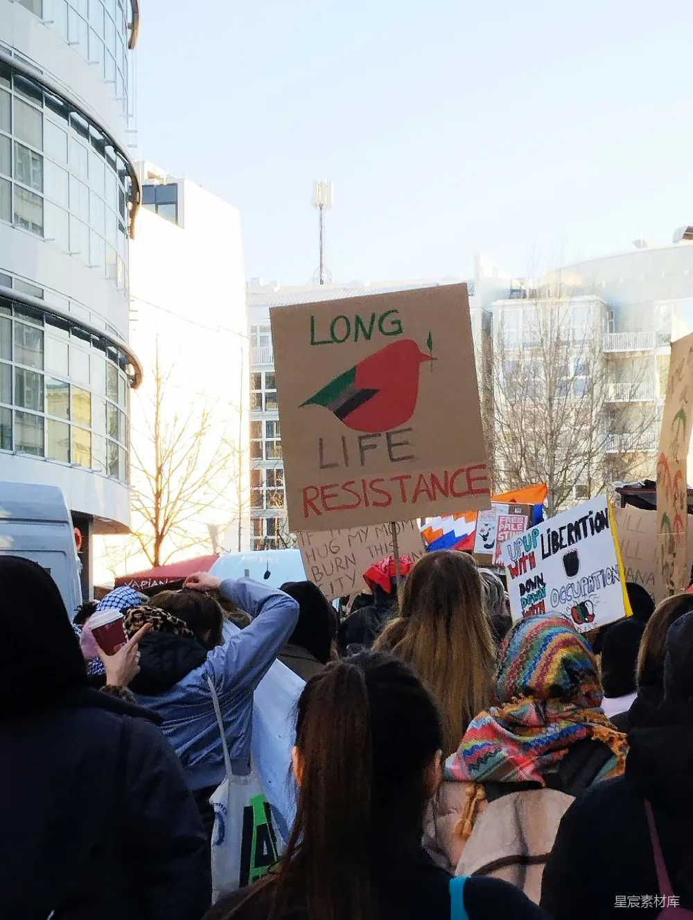 这张图片捕捉到了一场抗议活动的场景，人们举着带有“LONG LIFE RESISTANCE”标语的牌子，背景中还有其他标语如“LIBERATION OCCUPATION”。阳光洒在建筑物上，营造出一种强烈的社会参与感。图片展现了抗议者在城市