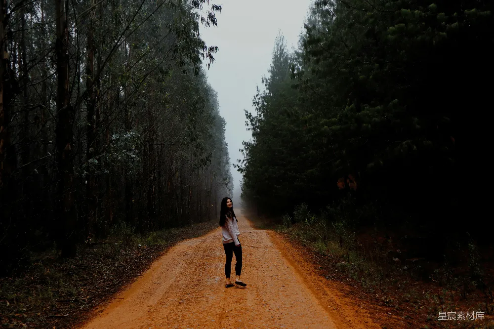 这张图片展示了一位女性在雾蒙蒙的森林小径上漫步。她站在一条泥土小路上，周围是高大的树木和茂密的植被。画面中充满了自然的宁静与神秘感，适合用作旅行、自然和户外活动的主题。