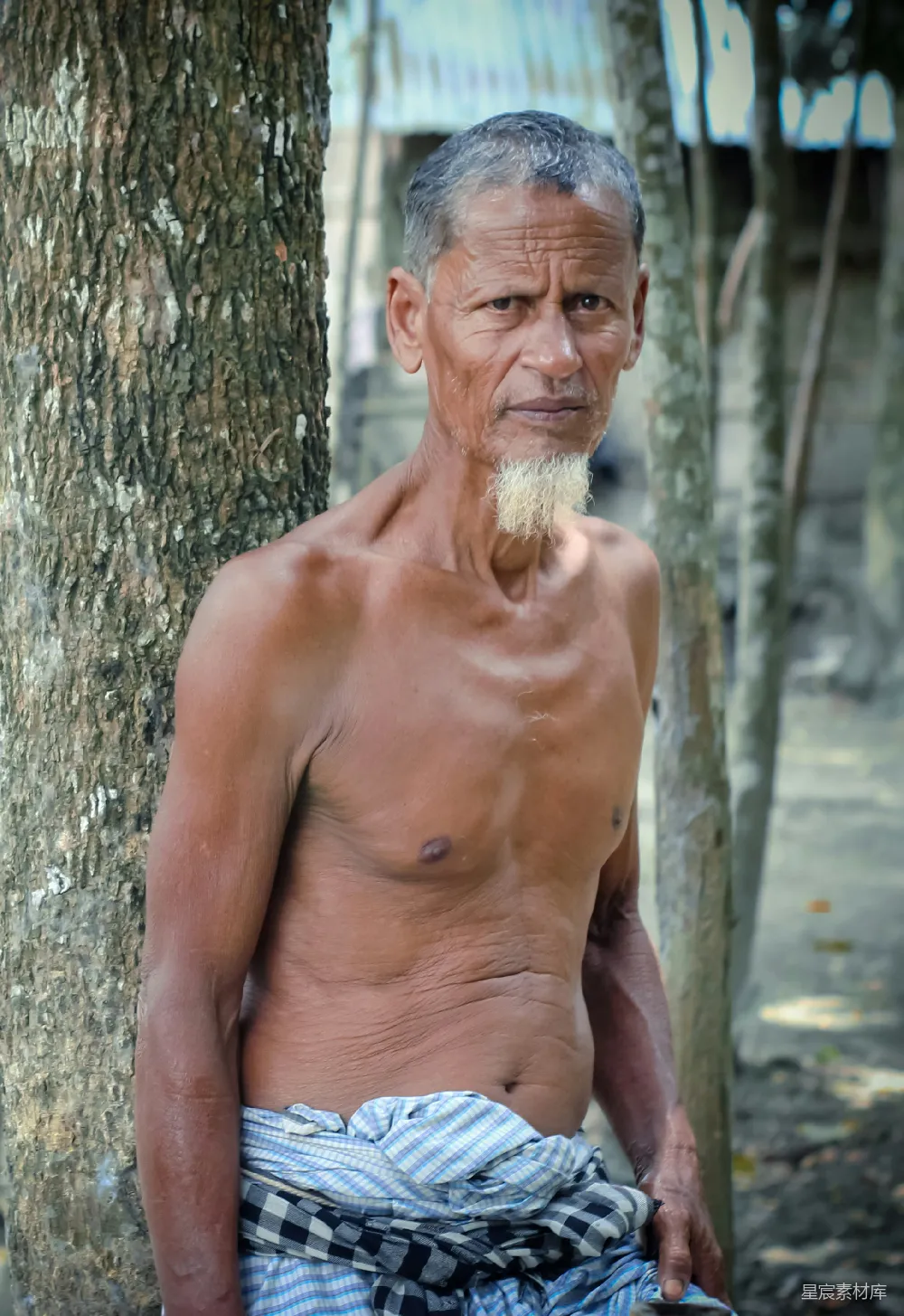 一位老人站在树下，穿着简单的围裙，背景是斑驳的树干和模糊的乡村环境。他的脸上带着岁月的痕迹，眼神深邃而平静。这种场景不仅展示了老人的生活状态，也让人感受到乡村生活的宁静与朴实。