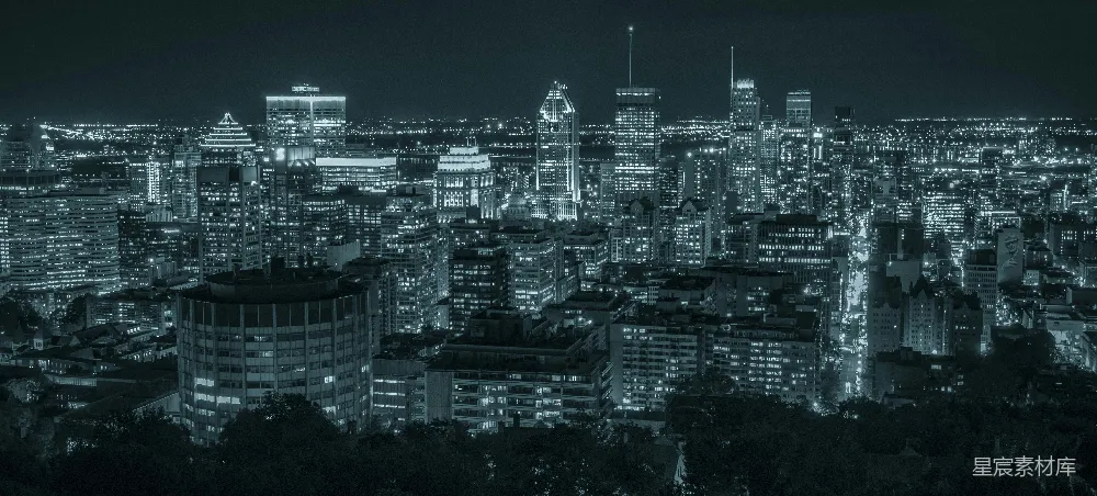这张图片展示了夜晚的城市全景，以黑白摄影的形式展现了城市的建筑群。灯光点缀在高楼大厦之间，形成了一幅静谧而充满活力的夜景图。这种风格的图片适合用于城市探索、夜晚生活或夜景摄影的主题内容。