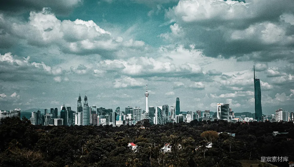这张图片展示了吉隆坡的城市全景，背景是多云的天空，前景是郁郁葱葱的热带树木。画面中可以看到标志性的双子塔和其他高楼大厦，展示了这座城市的现代化与自然环境的和谐共存。适合用于旅游宣传、城市介绍或自然与城市共存的场景。
