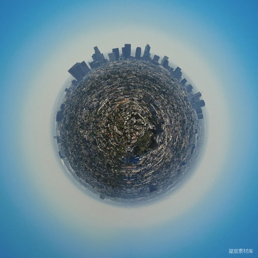 这张图片展示了从高空俯瞰的城市360度全景，视角独特，展示了城市的建筑布局和天际线。天空湛蓝，城市建筑密集，呈现出一种现代与都市的氛围。适合用于城市规划、旅游宣传或城市风貌展示。