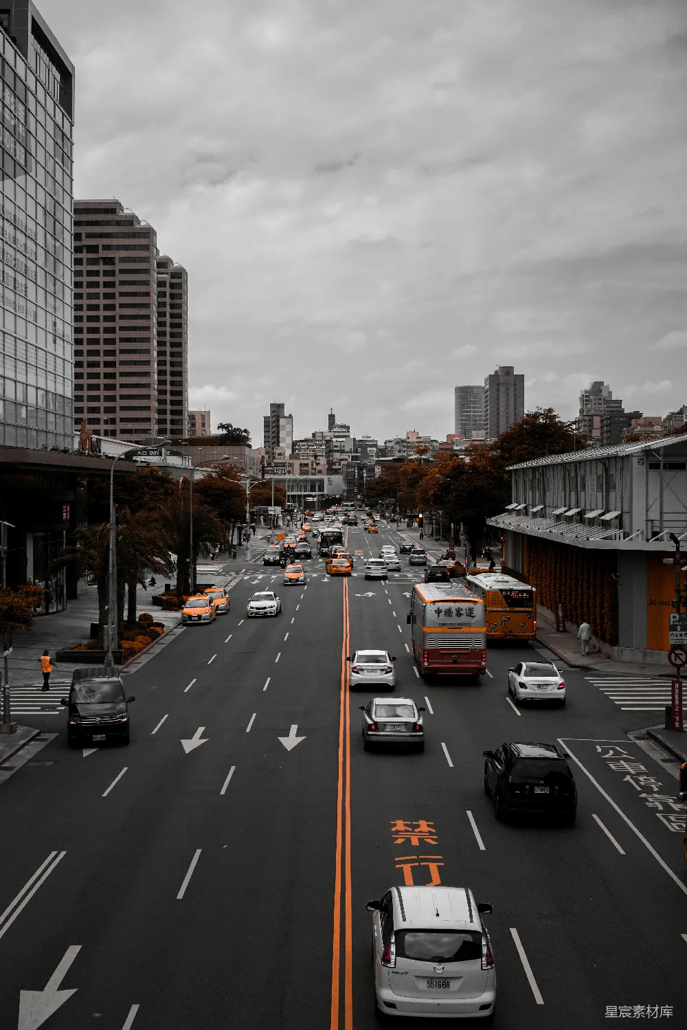 这张图片展示了一条城市街道的景象，整体色调为冷色调，给人一种冷静而现代的感觉。街道上车辆穿梭，道路中央的橙色线条与文字为画面增添了一抹亮色，吸引视觉焦点。两侧的建筑物和树木在冷色调的衬托下显得格外清晰，背景中的天空布满云层，增添了一丝神秘感