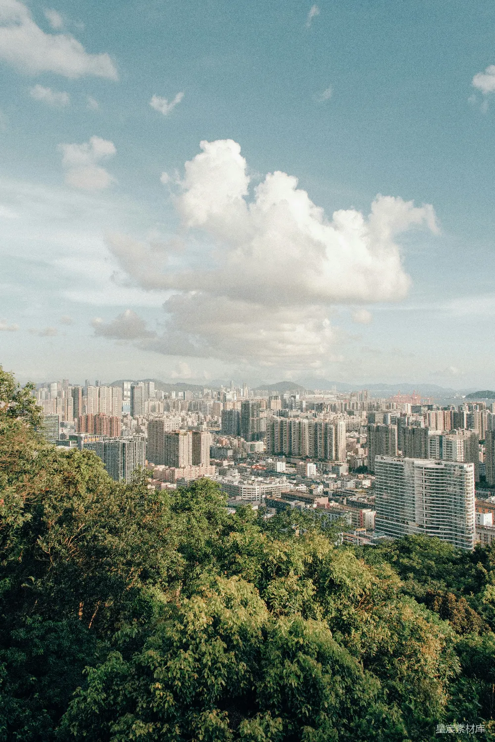 这张照片展示了从山顶俯瞰城市全景的视角，高楼大厦与翠绿的树木交相辉映，蓝天白云下的城市显得宁静而美丽。无论是作为城市规划的参考，还是记录自然与城市和谐共生的场景，这张照片都具有很高的观赏价值。