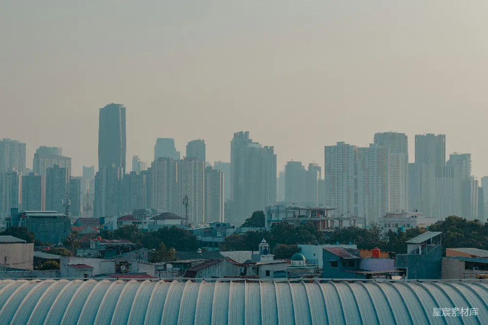 图片展示了一幅城市与乡村的对比场景。前景是一片低矮的屋顶，象征着乡村的简朴生活，而背景则是高耸的现代化高楼，代表了城市的发展与繁荣。天空中弥漫着淡淡的雾气，给整个画面增添了一丝宁静与神秘的氛围。这张照片不仅展示了城市与乡村之间的差异，还反映