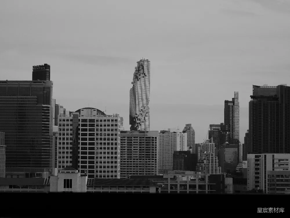 这张黑白照片展示了城市中的一片摩天大楼景象，其中一栋独特的建筑在众多高楼中脱颖而出，其独特的设计在灰暗的天空下显得格外醒目。照片通过黑白处理增强了建筑的立体感和质感，营造出一种宁静而深沉的氛围。适合用于城市风光、建筑设计或艺术摄影的背景图。