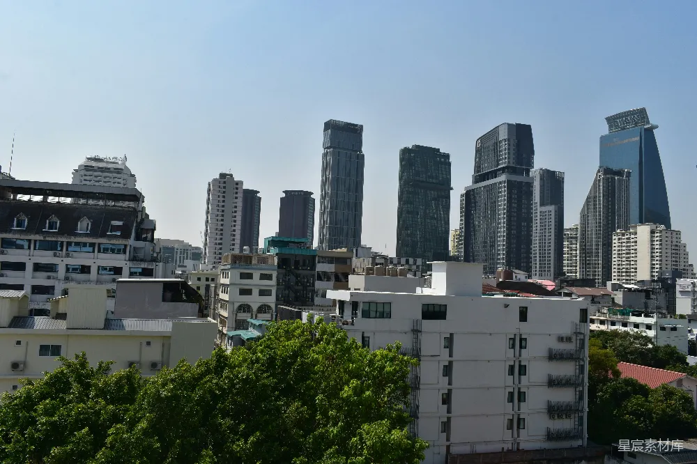 这张图片展示了城市中心的天际线，背景是现代化的高楼大厦，前景是低矮的住宅楼和绿色的树木，天空晴朗，展示了城市与自然的和谐共存。