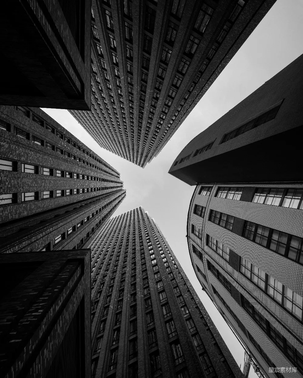 这张图片展示了从低角度仰视摩天大楼的场景，黑白的色调增加了画面的对比和深度感。建筑的线条和窗户排列呈现出一种现代都市的氛围，适合用于城市建筑、现代感或都市生活的主题。