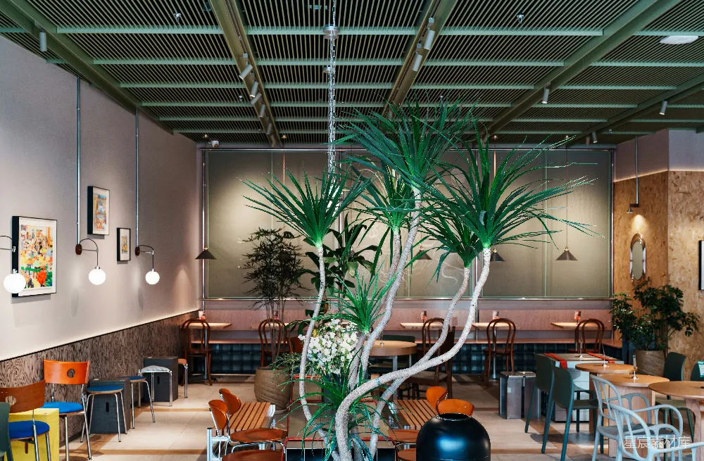 高清摄影 餐厅 现代设计 植物装饰 用餐环境 室内设计 现代餐厅内部设计：绿色植物点缀的用餐空间