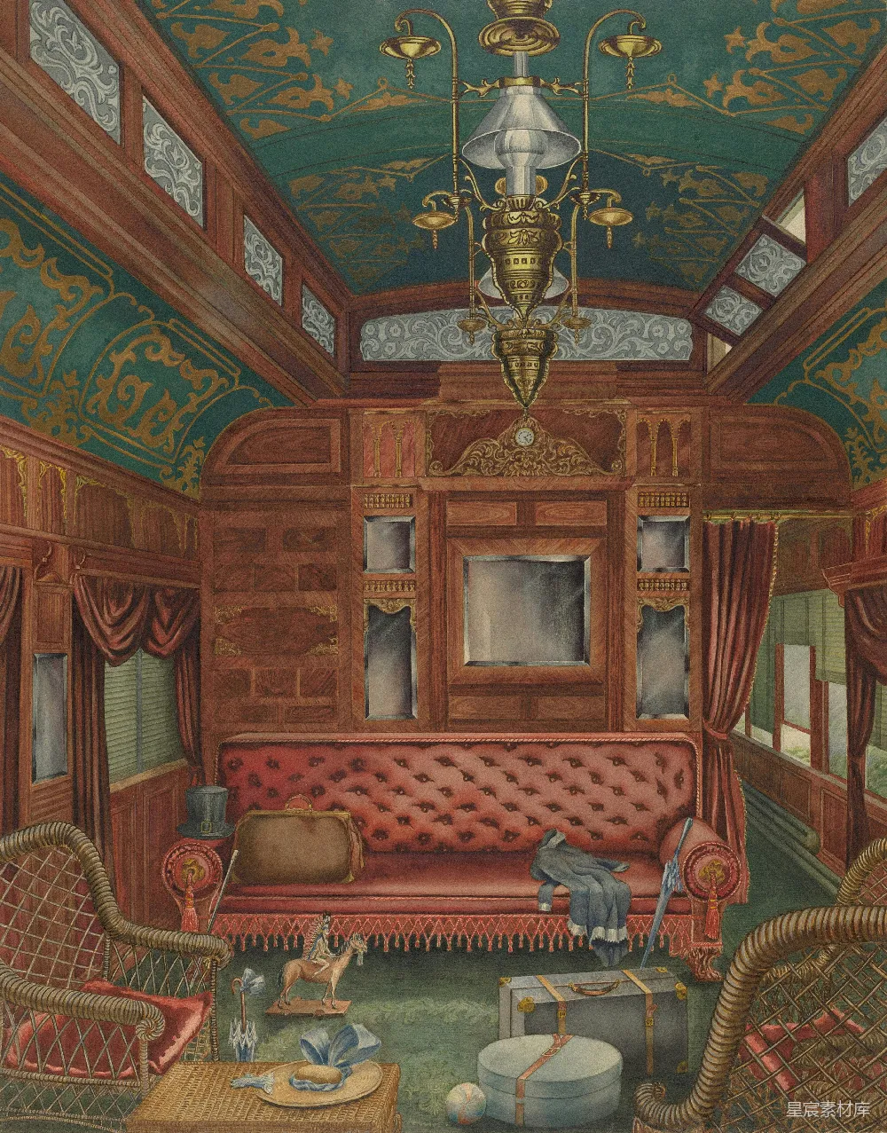 这幅复古风格的火车车厢插画，展示了19世纪末精致的内部装饰。天花板上装饰着复杂的图案，墙壁上铺满了红色的天鹅绒窗帘。车厢中央有一张红色的沙发，周围摆放着藤椅、行李箱和各种旅行用品，营造出一种怀旧的旅行氛围。适合用于复古主题的装饰或历史背景插