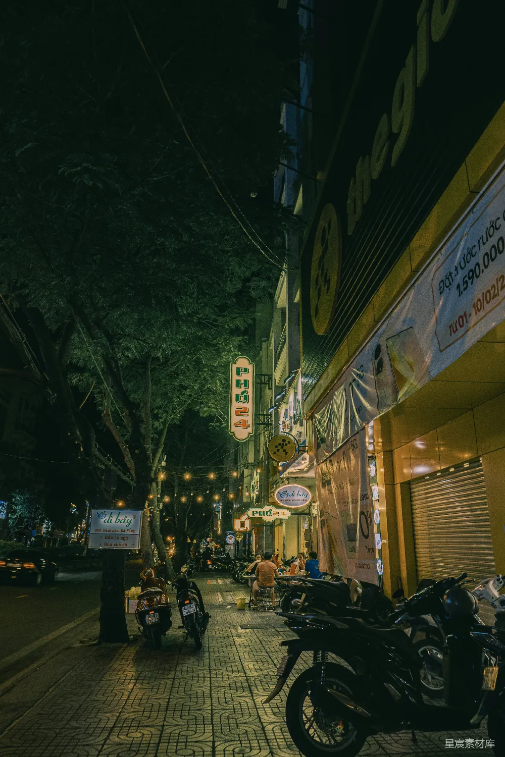 这张图片展示了一个夜晚的越南街道场景。街道两旁排列着摩托车和一些餐厅的招牌，灯光柔和，营造出一种宁静而温馨的氛围。树木和路灯的影子在地面上投射出斑驳的光影，增添了画面的层次感。场景中可以看到行人和骑车的人，给人一种生活气息浓厚的感觉。