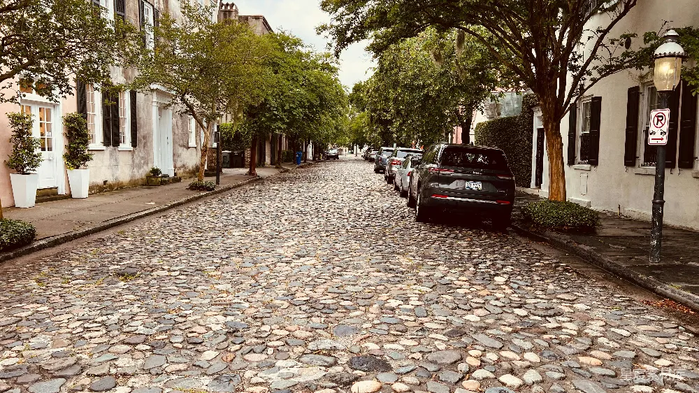 一条铺满石板的街道，两旁是风格独特的建筑，树木郁郁葱葱，营造出一种宁静而古朴的氛围。街道两侧停放着几辆汽车，增添了现代生活气息。适合摄影爱好者和城市漫步者探索。