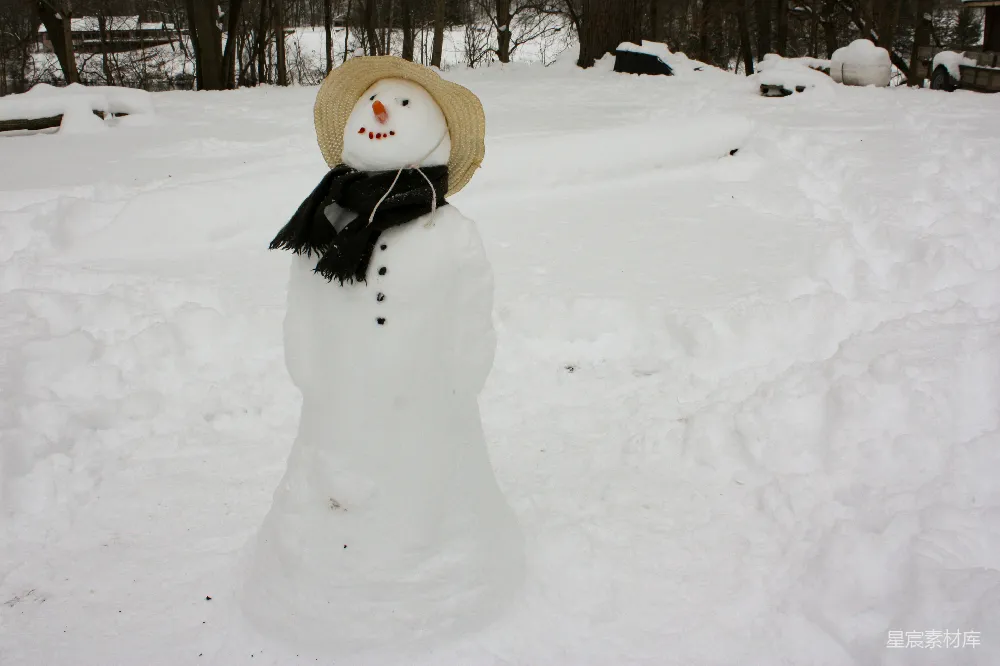 高清摄影 雪地上的戴白帽子的雪人白天在覆盖着白雪的地面上