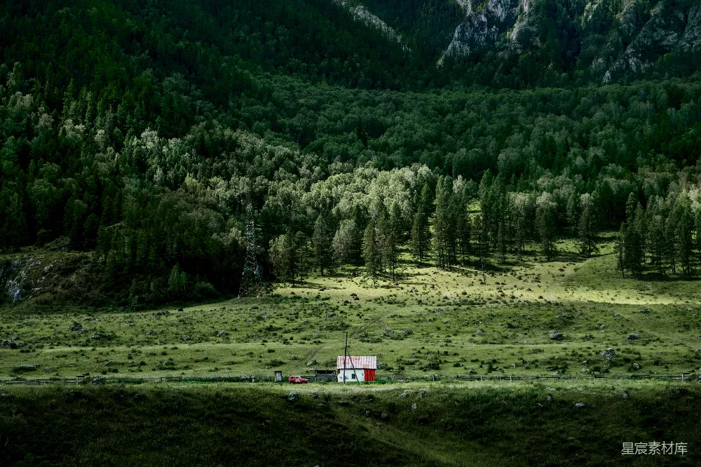 高清摄影 一幢小屋位于一片草地上，背景是树木。