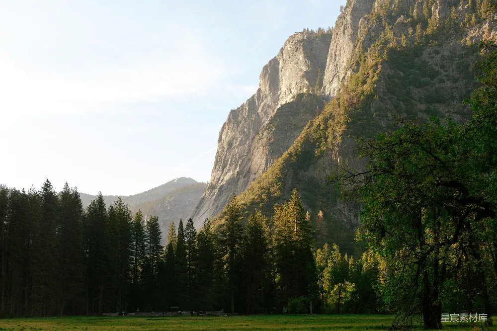 高清摄影  背景中有山的草地上有一片草地。