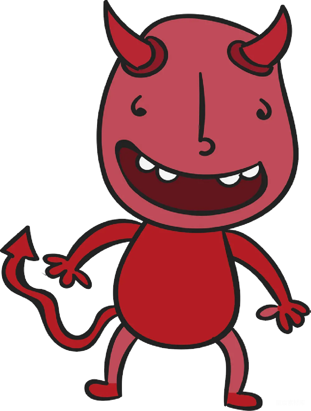 这是一张可爱的小恶魔插画，采用了简单的红色和黑色线条勾勒，整体风格卡通可爱，适合儿童故事书或教育材料的插图。