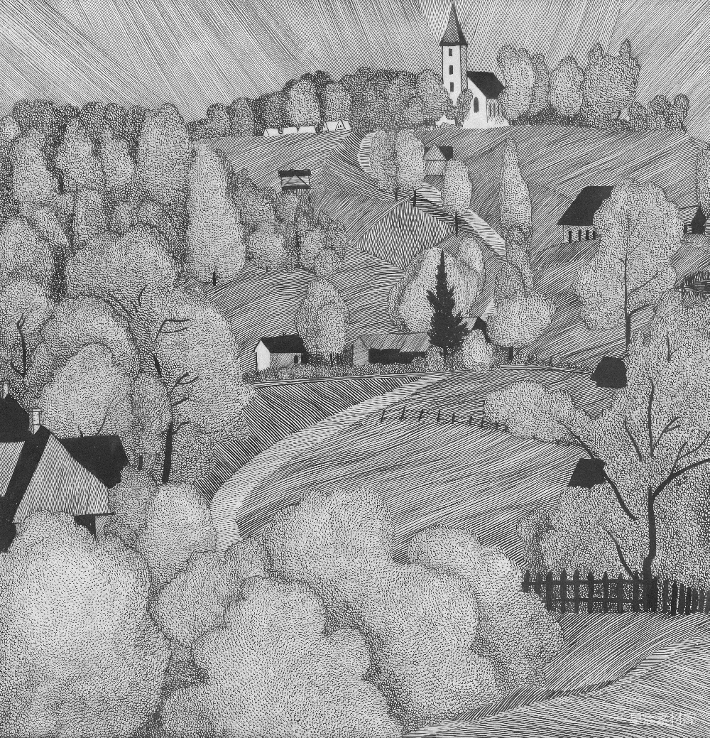 高清摄影 一幅黑白描绘的乡村风景画