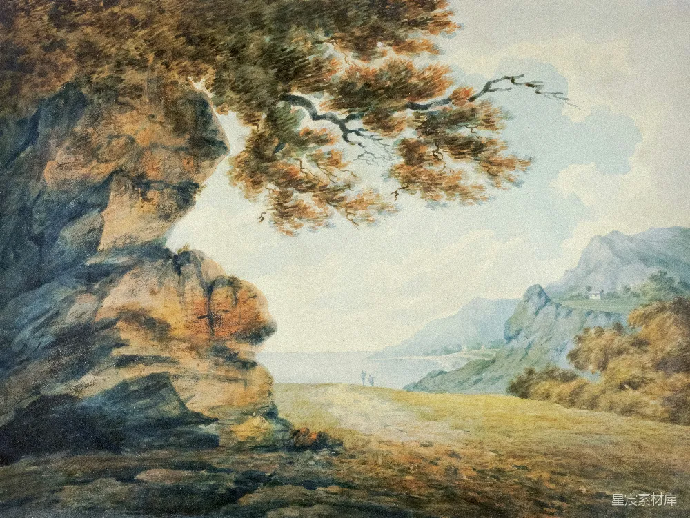 高清摄影 一幅描绘岩石景观中的树木的画作