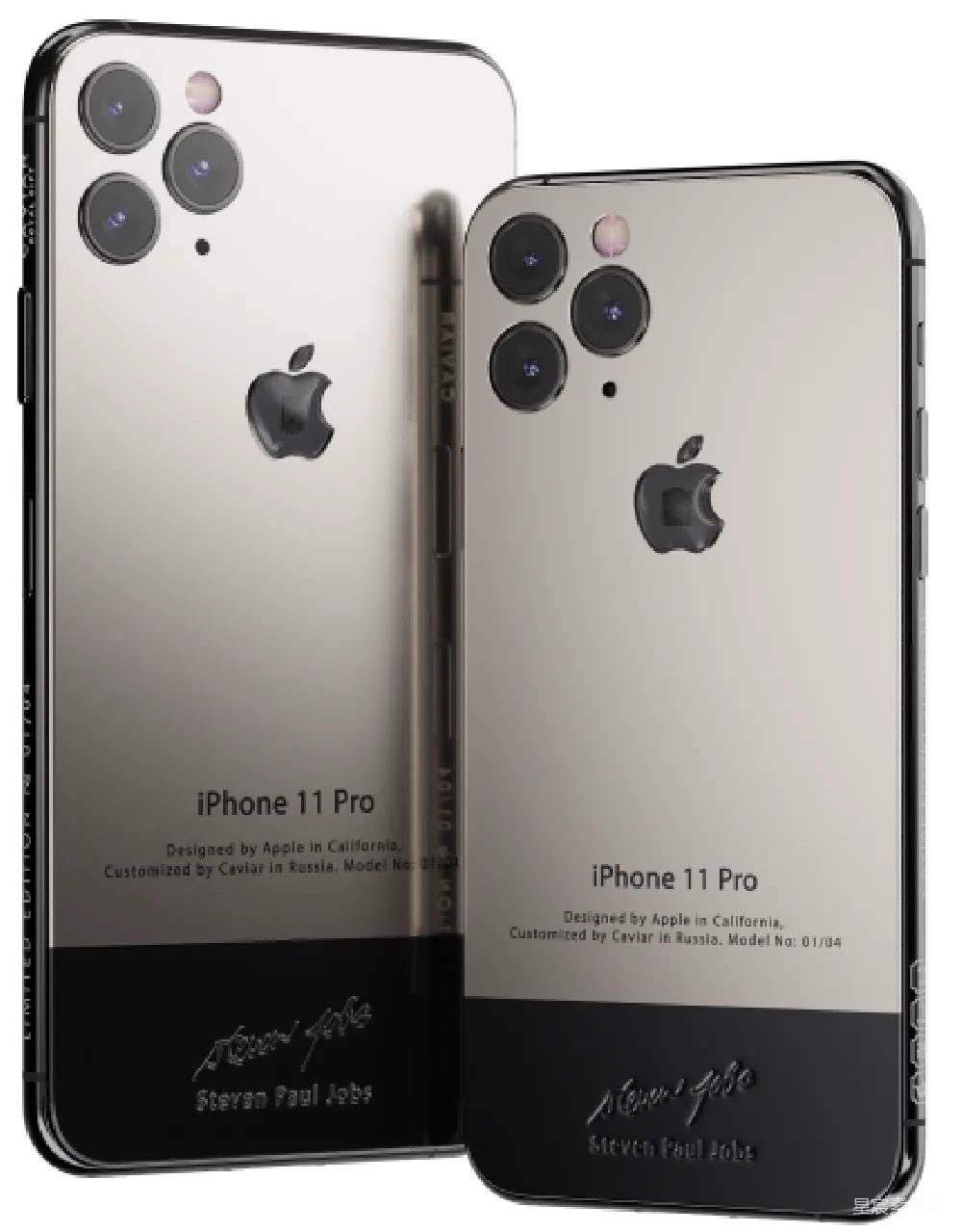 这张图片展示了两部定制版的iPhone 11 Pro，它们背面贴有Steve Jobs的签名，彰显出对这位苹果创始人致敬之意。手机整体设计简洁，金属质感与玻璃材质结合，彰显高端科技风范，适合科技爱好者收藏或作为礼物。