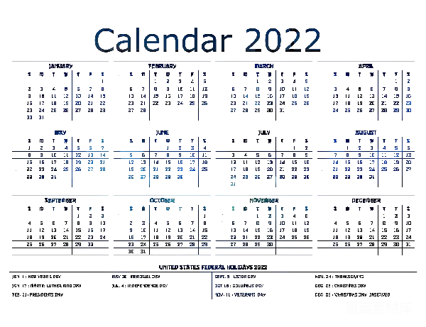 元素素材 2022年美国联邦假日日历