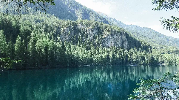 高清摄影 近水处有绿色的松树，距离山峦很远。