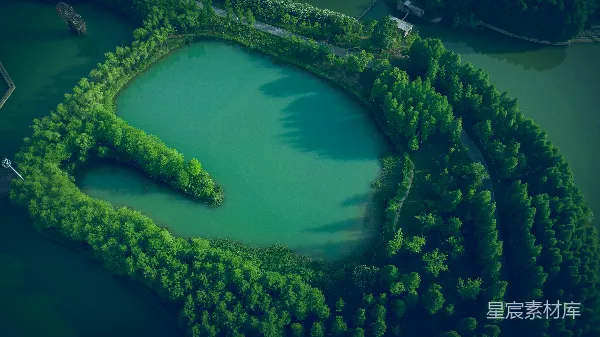高清摄影 湖畔环绕着树木的一处高空俯视景象