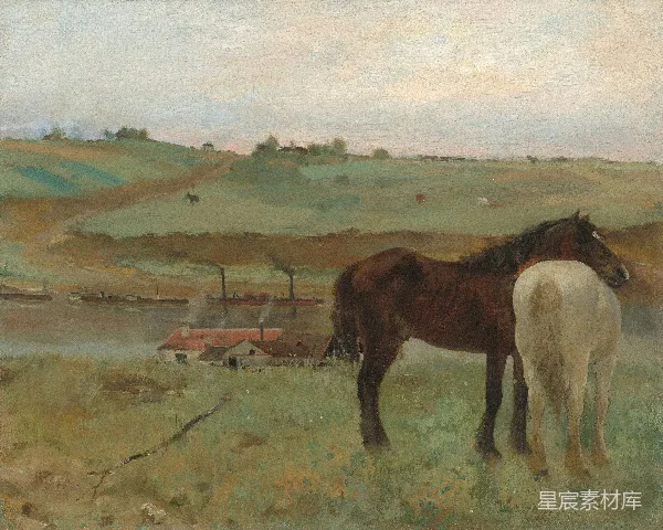 高清摄影 河边的马群与工业场景