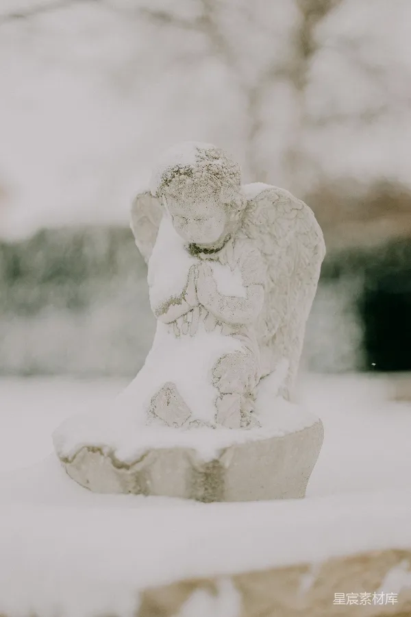高清摄影 雪中的天使雕像