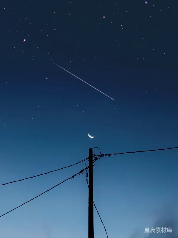 高清摄影 夜空中的流星与新月