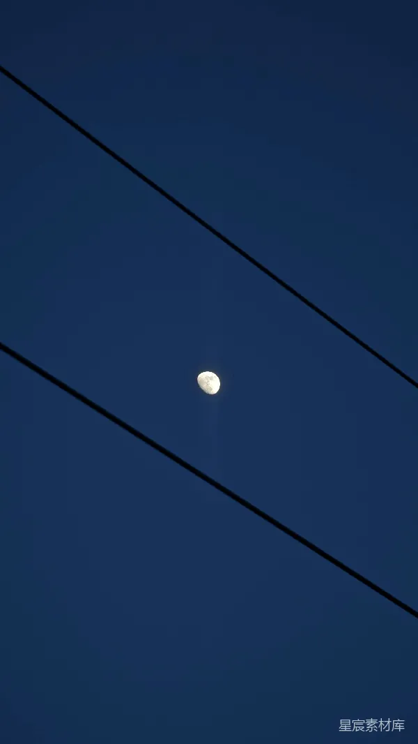 高清摄影 夜空中的月亮与电线