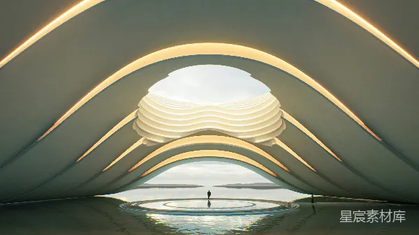 高清摄影 未来感建筑与宁静湖景
