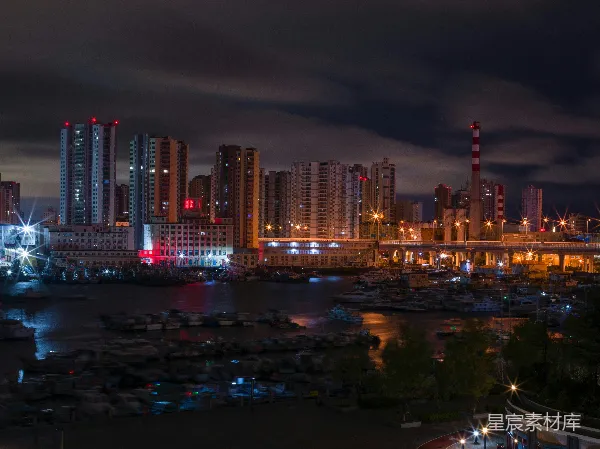 高清摄影 夜幕下的城市河港