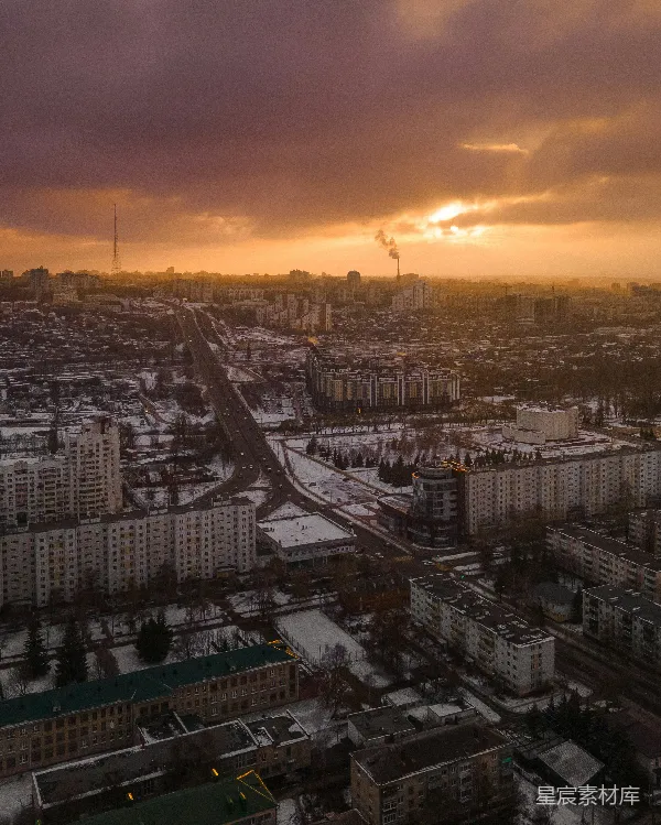 高清摄影 冬日夕阳下的城市全景