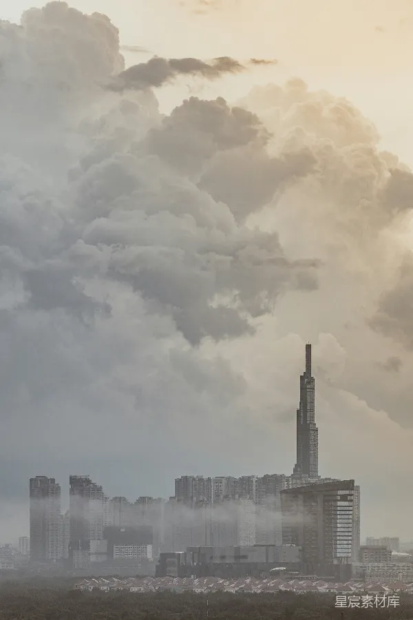 高清摄影 城市天际线与烟雾