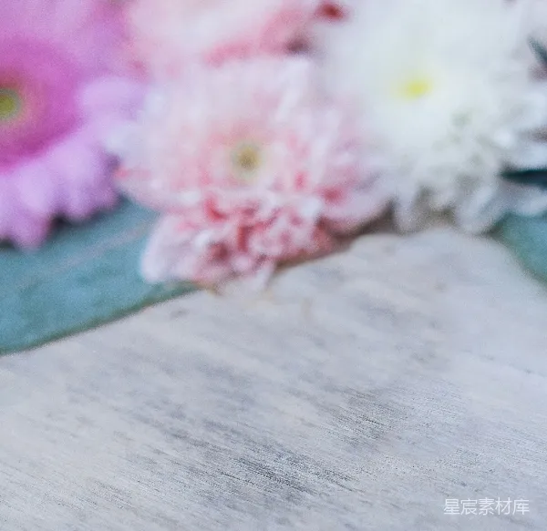 高清摄影 粉色花朵与木质桌面的柔和场景