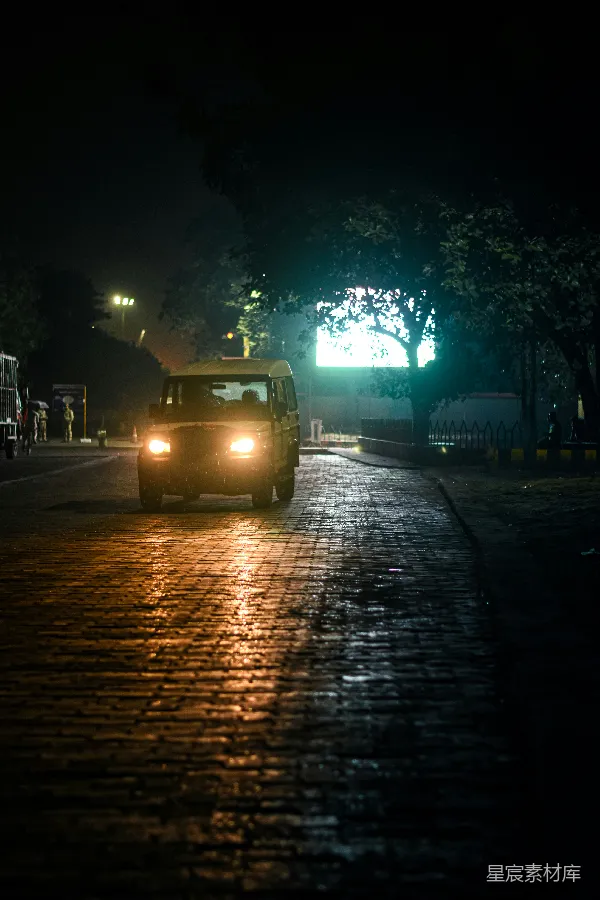 高清摄影 夜幕下的砖路与车影